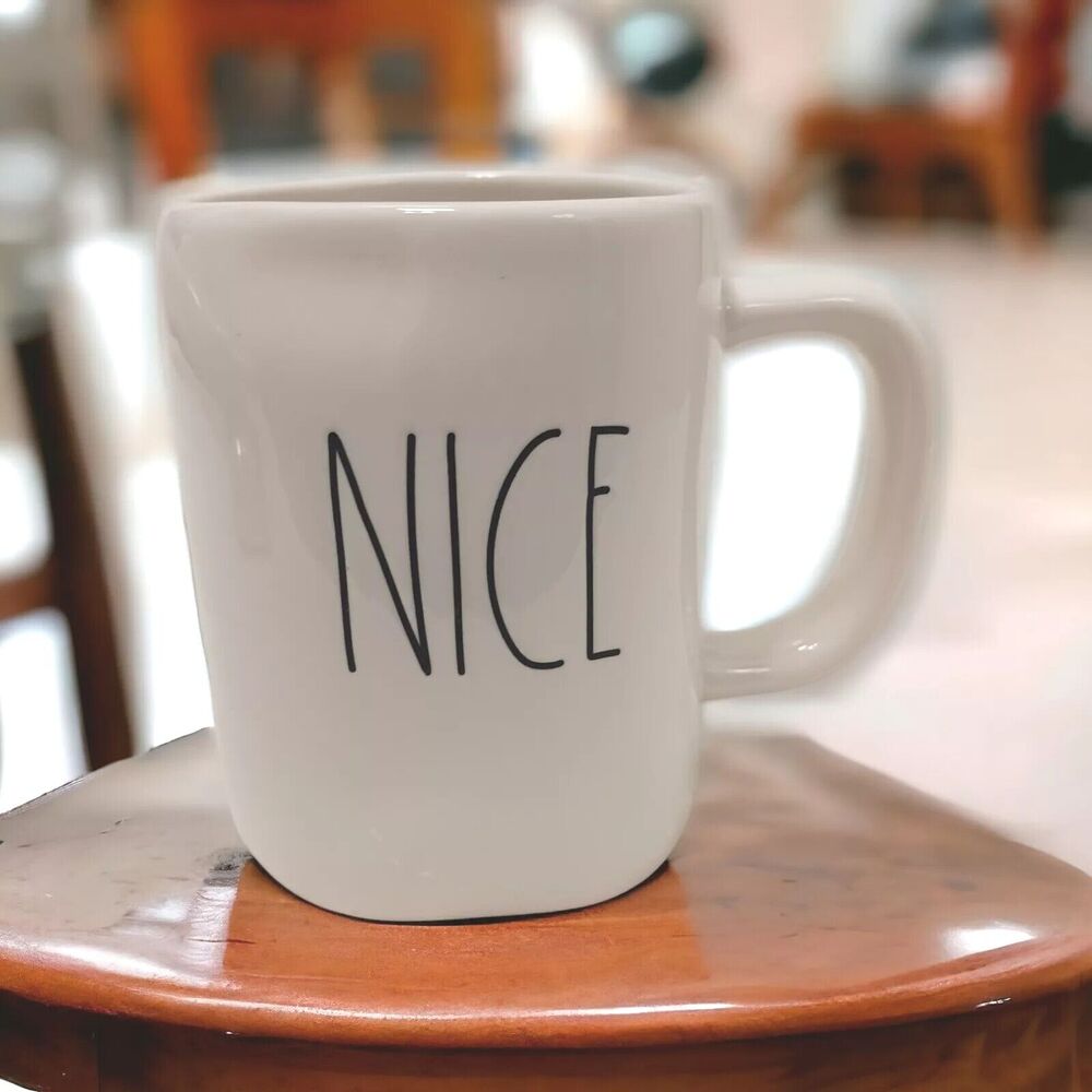 Rae Dunn Oversized Cup " NICE " Coffee Mug Tea WHITE Farmhouse Oversized Artsy
